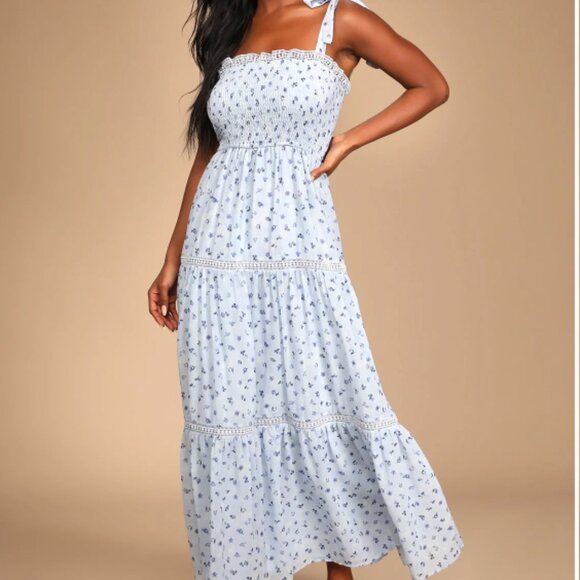 Lulus Blooming Perfection Blue Floral Print Tie-Strap Smocked Dress - Picture 2 of 5